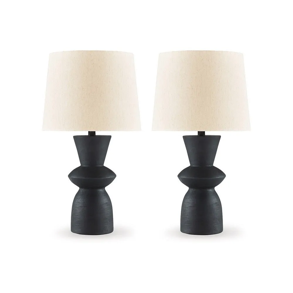 25 Inch Table Lamp Set of 2, Black Sculptural Solid Base, Drum Hardback By Casagear Home