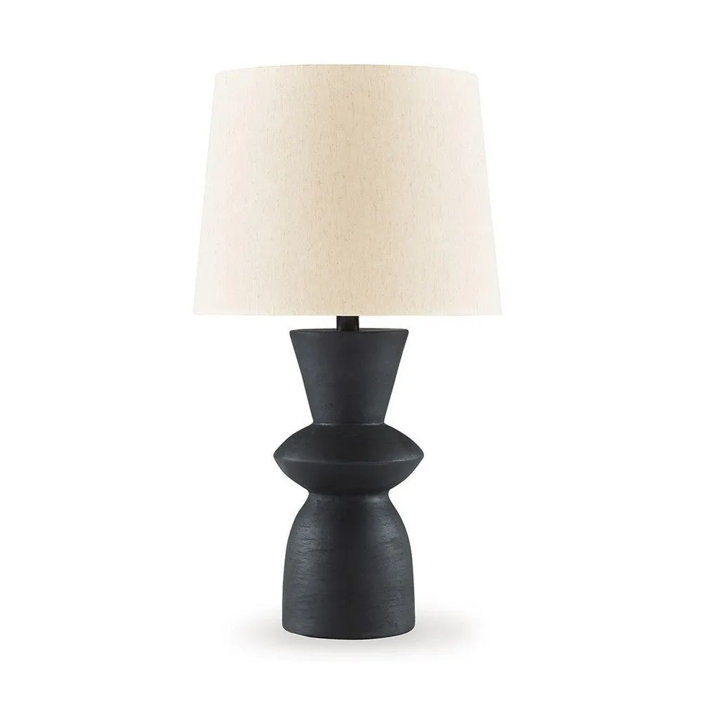 25 Inch Table Lamp Set of 2, Black Sculptural Solid Base, Drum Hardback By Casagear Home