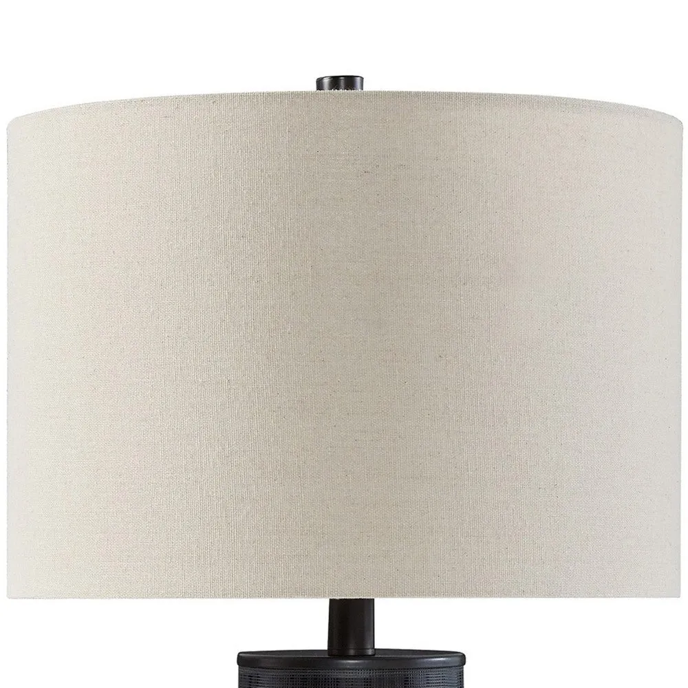 28 Inch Table Lamp, Brown Carved Frosted Glass, White Drum Fabric Shade By Casagear Home