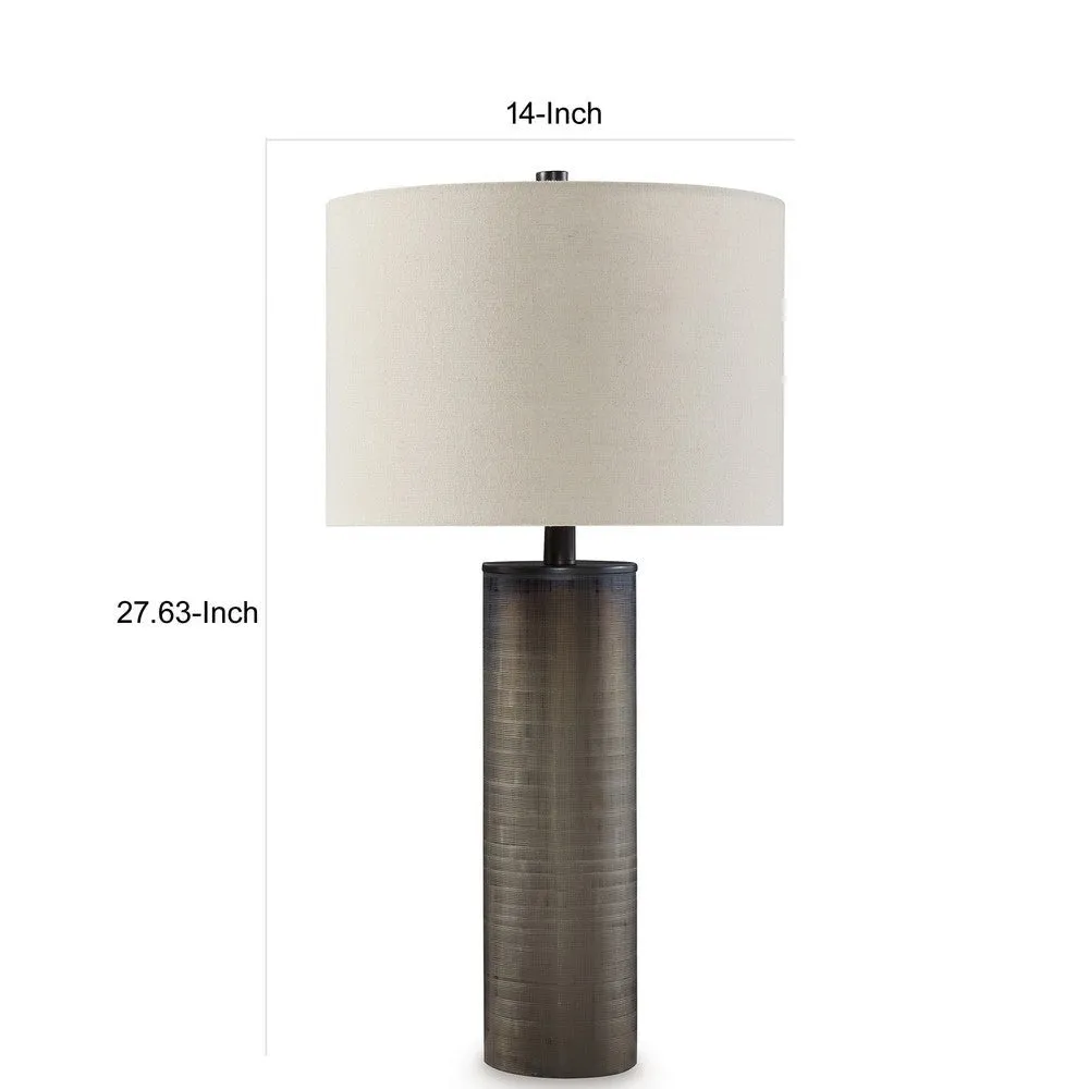 28 Inch Table Lamp, Brown Carved Frosted Glass, White Drum Fabric Shade By Casagear Home