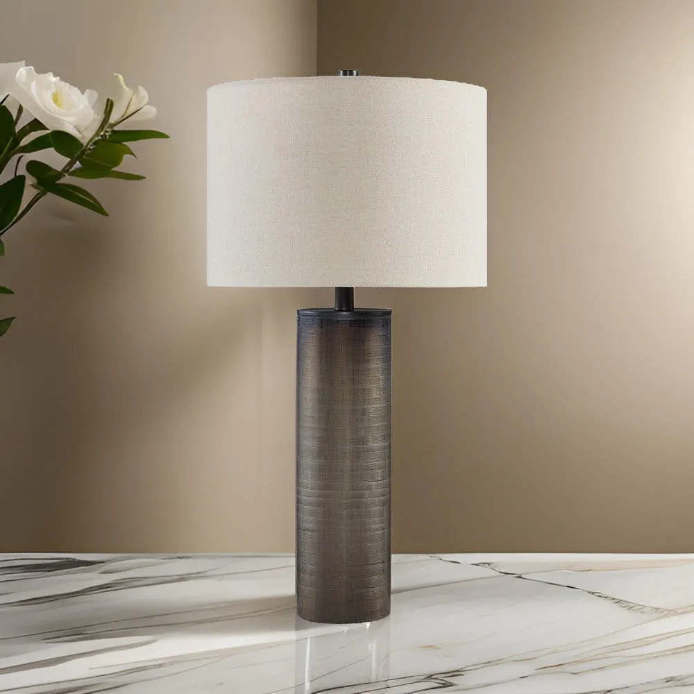 28 Inch Table Lamp, Brown Carved Frosted Glass, White Drum Fabric Shade By Casagear Home