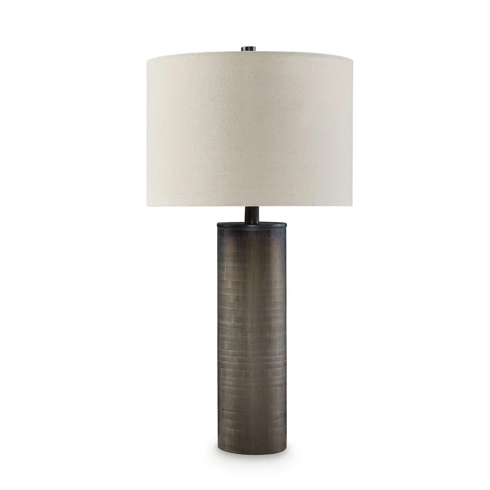 28 Inch Table Lamp, Brown Carved Frosted Glass, White Drum Fabric Shade By Casagear Home