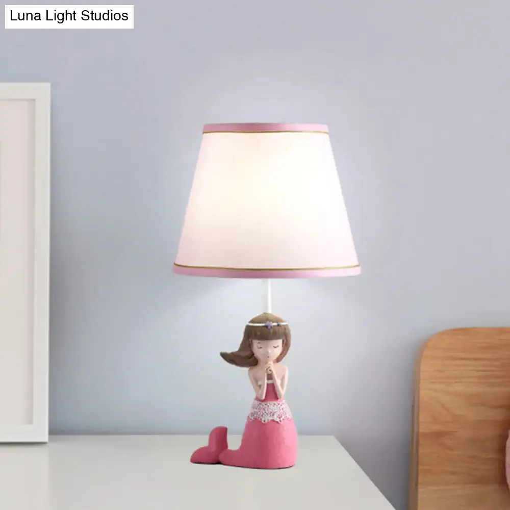Aludra - Pink Cartoon Single Desk Light with Barrel Shade Fabric Pink Finish Girl Night Table Lamp