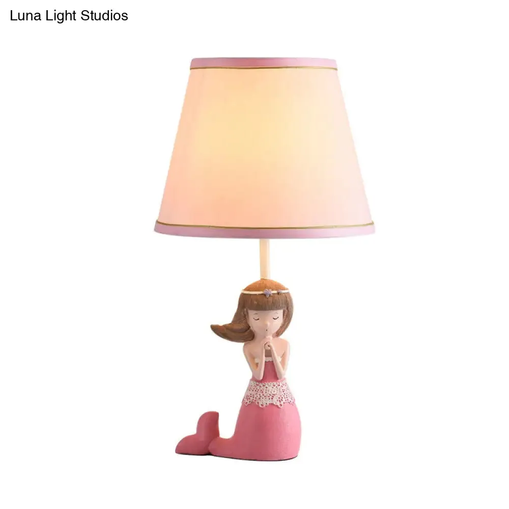 Aludra - Pink Cartoon Single Desk Light with Barrel Shade Fabric Pink Finish Girl Night Table Lamp
