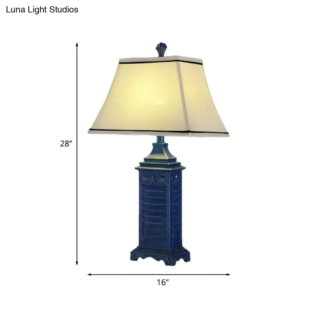 Angélique - Retro 1-Light Pagoda Night Table Lamp Retro White Fabric Nightstand Light with Dark Blue Pedestal