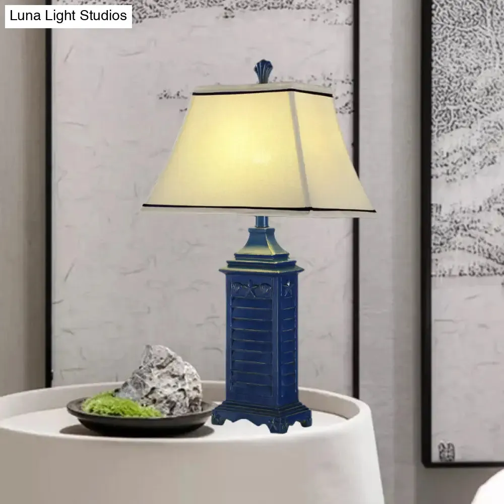 Angélique - Retro 1-Light Pagoda Night Table Lamp Retro White Fabric Nightstand Light with Dark Blue Pedestal