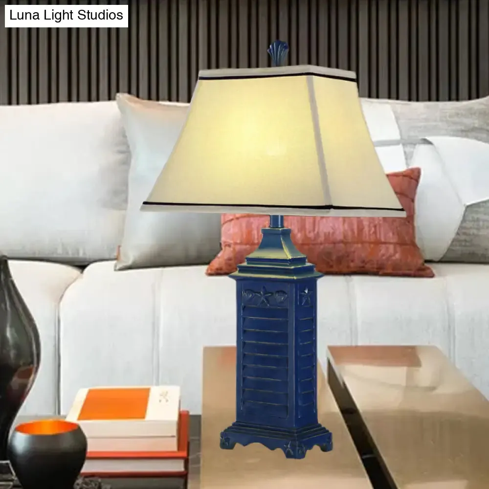 Angélique - Retro 1-Light Pagoda Night Table Lamp Retro White Fabric Nightstand Light with Dark Blue Pedestal