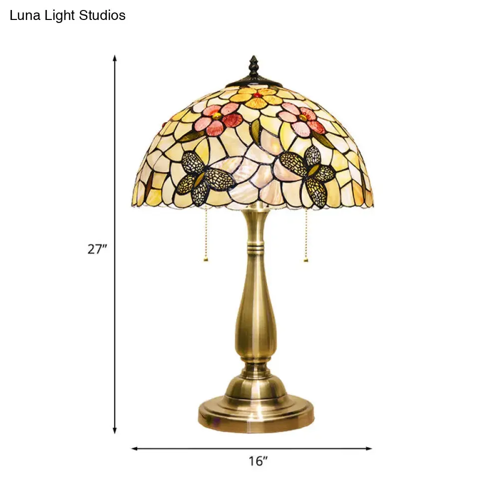 Aria - Shell Shell Brushed Brass Night Light Butterflies and Flower 2 Lights Tiffany Pull Chain Table Lamp