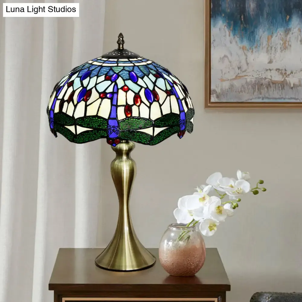 Aurélie - Tiffany Green Dragonfly Glass Nightstand Lamp in Gold