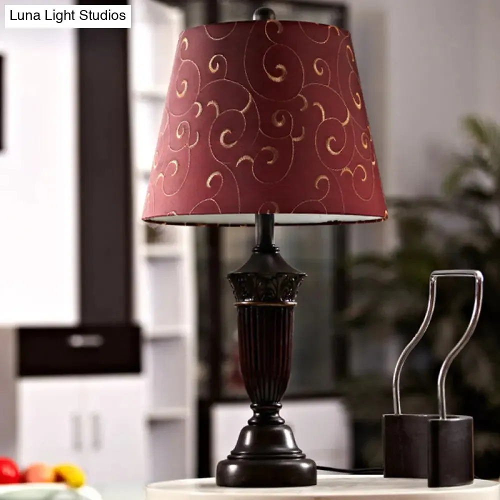 Azaleh - Swirl 1 Head Swirl Patterned Fabric Night Lamp Rural Burgundy Tapered Living Room Table Stand Light
