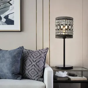 Biham - Modern Cylinder Night Table Light Modern Metallic 1-Head Bedside Nightstand Lamp with Crystal Accent in Black