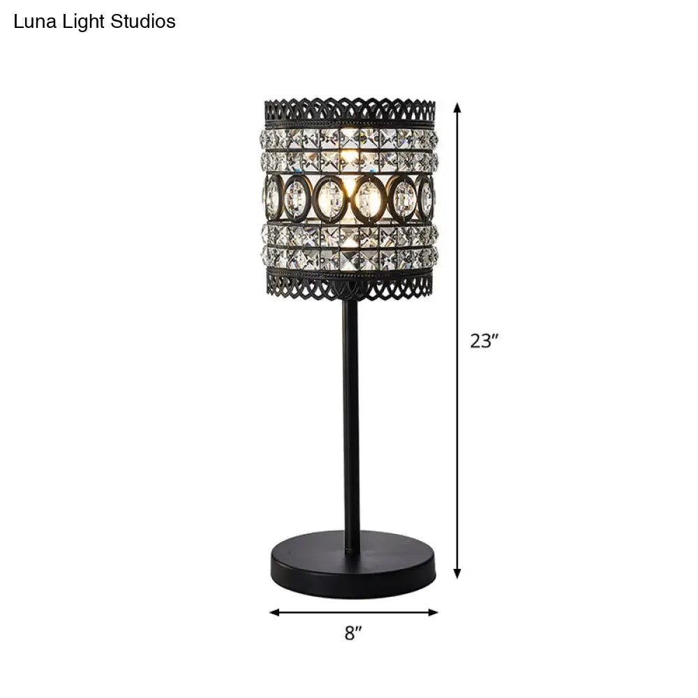 Biham - Modern Cylinder Night Table Light Modern Metallic 1-Head Bedside Nightstand Lamp with Crystal Accent in Black