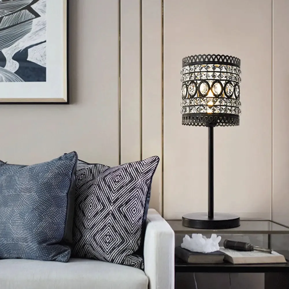 Biham - Modern Cylinder Night Table Light Modern Metallic 1-Head Bedside Nightstand Lamp with Crystal Accent in Black