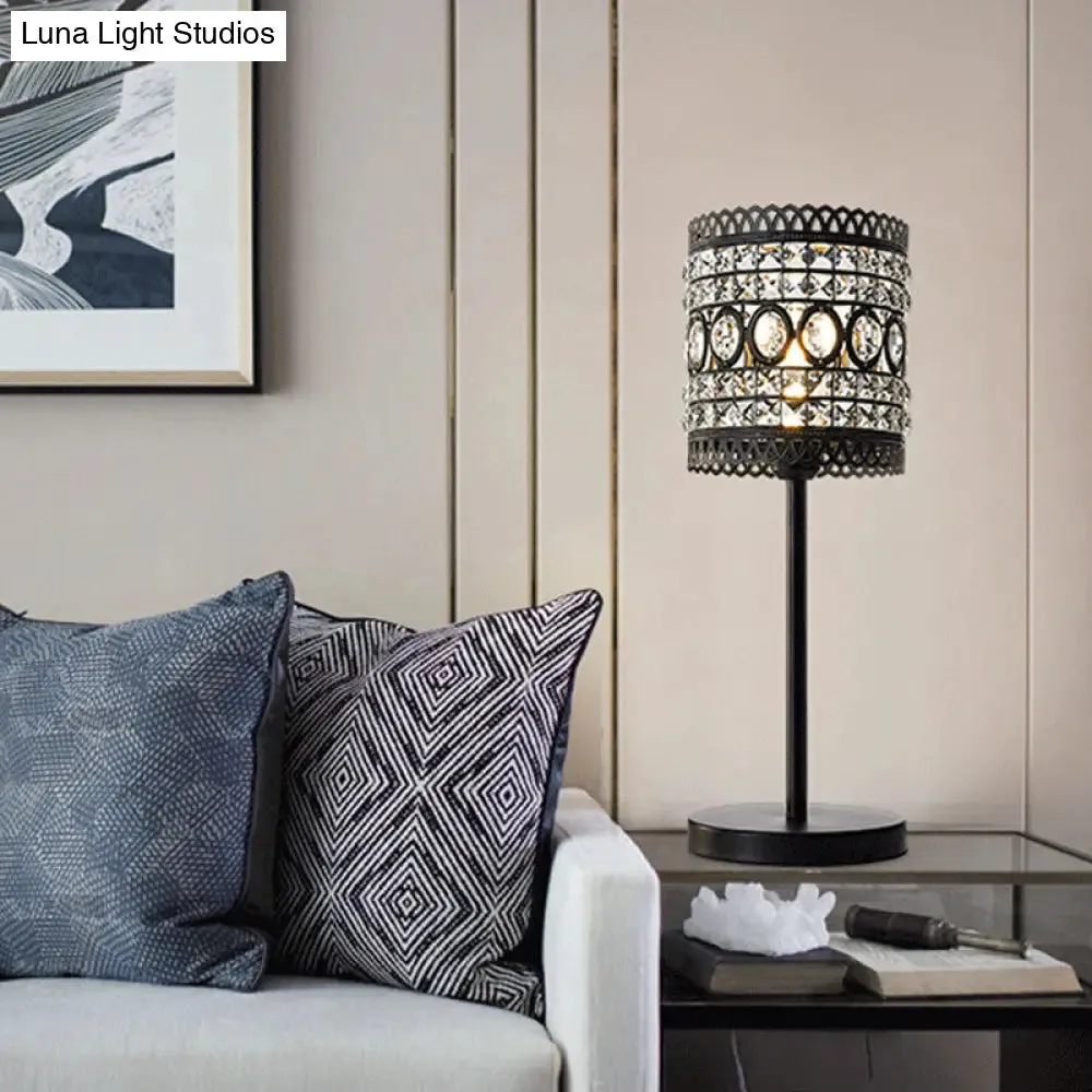 Biham - Modern Cylinder Night Table Light Modern Metallic 1-Head Bedside Nightstand Lamp with Crystal Accent in Black