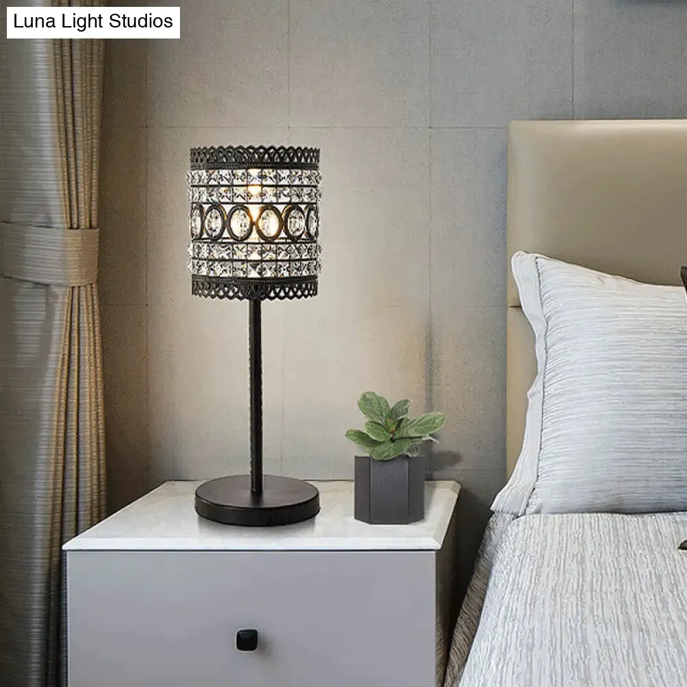Biham - Modern Cylinder Night Table Light Modern Metallic 1-Head Bedside Nightstand Lamp with Crystal Accent in Black