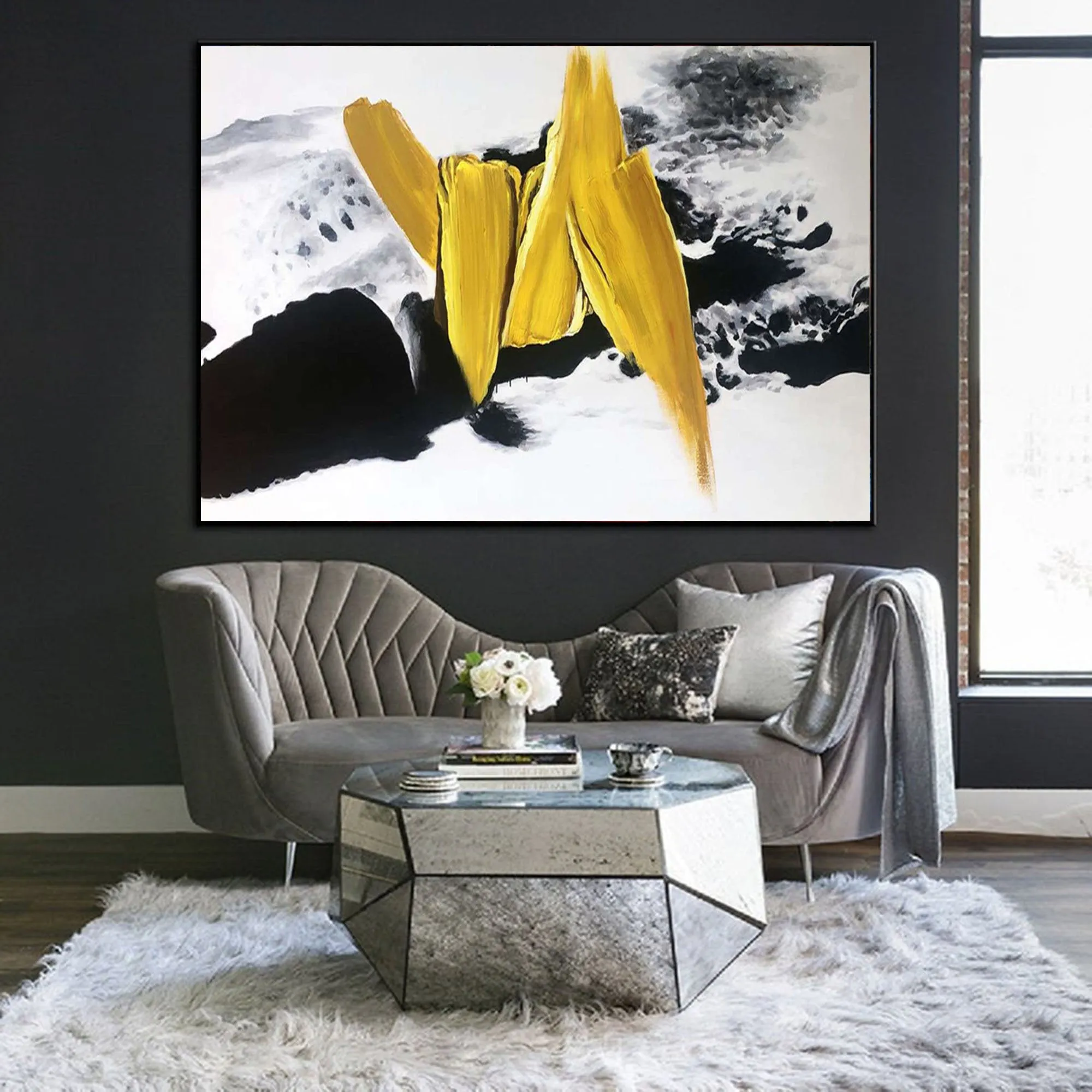 Black And White Gold Oversized Abstract Painting Original Art Cp031