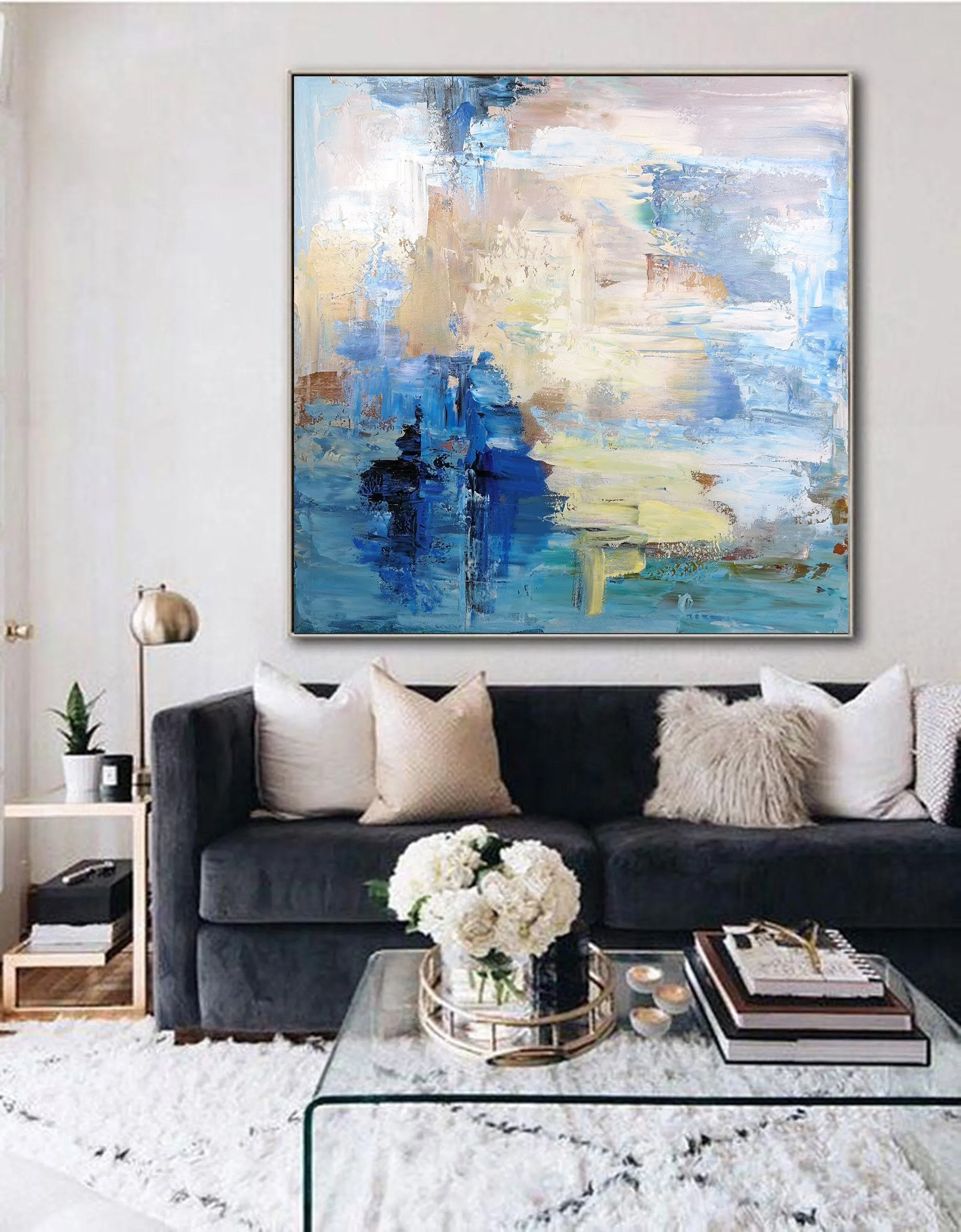 Blue Abstract Oil Painting,Sky Abstract Painting White Abstract Art Painting Bl010