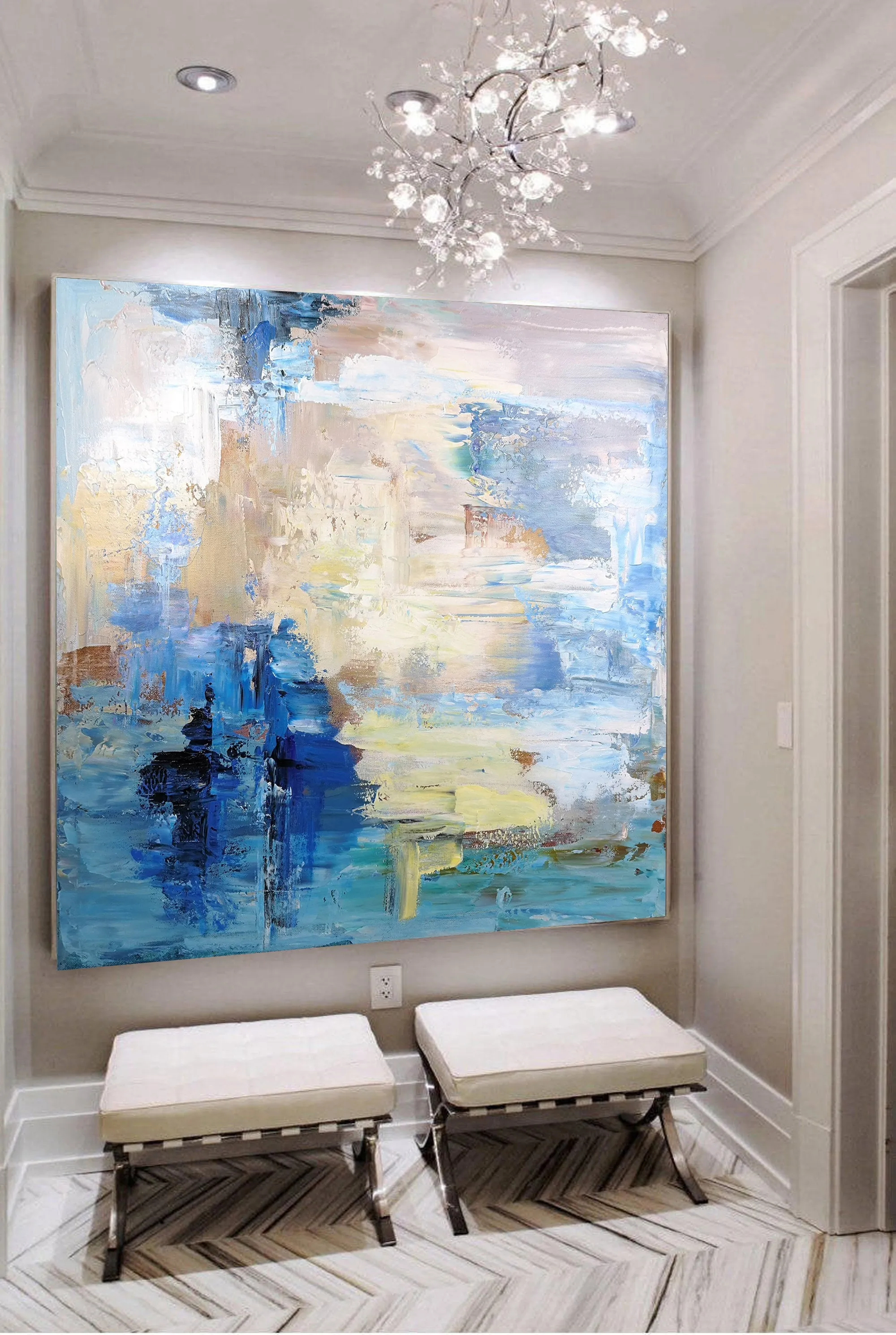 Blue Abstract Oil Painting,Sky Abstract Painting White Abstract Art Painting Bl010