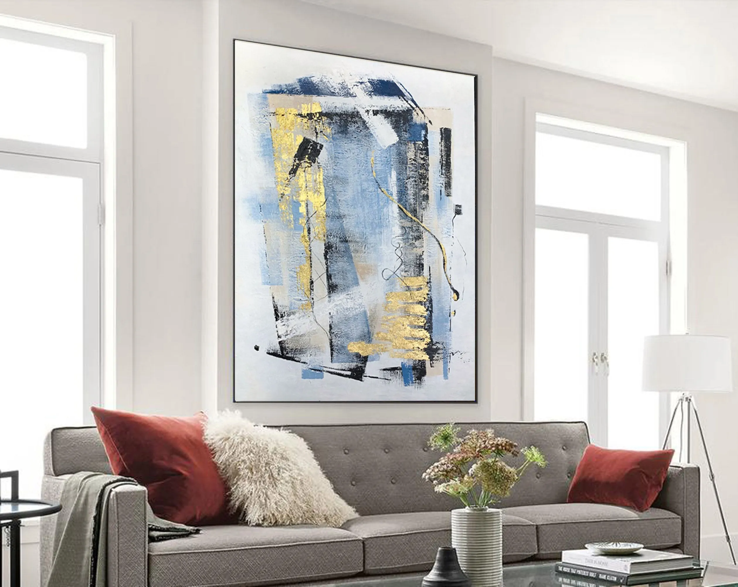 Blue Gold Gray Abstract Painting On Canvas Sofa Size Canvas Art Np093