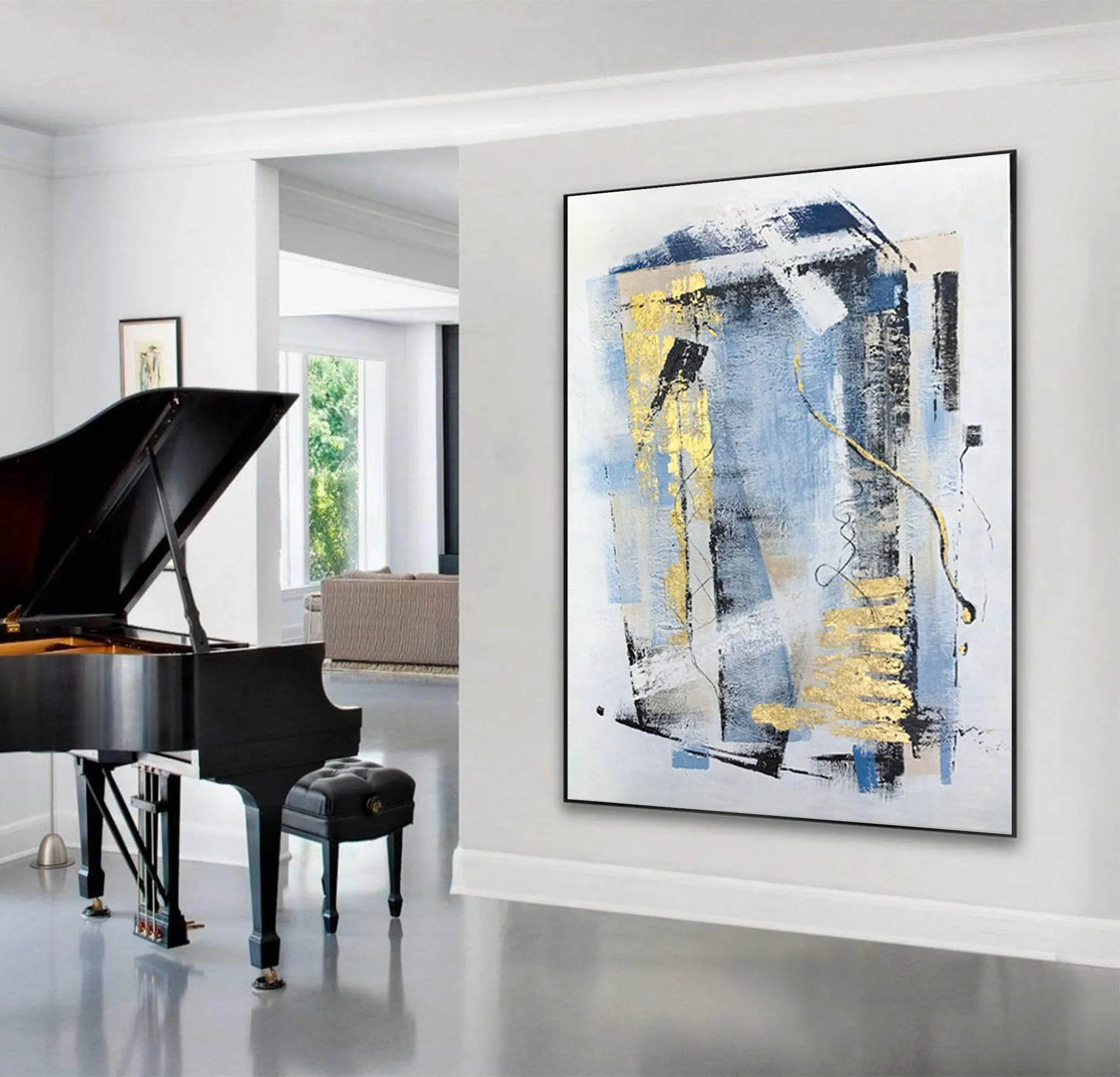 Blue Gold Gray Abstract Painting On Canvas Sofa Size Canvas Art Np093