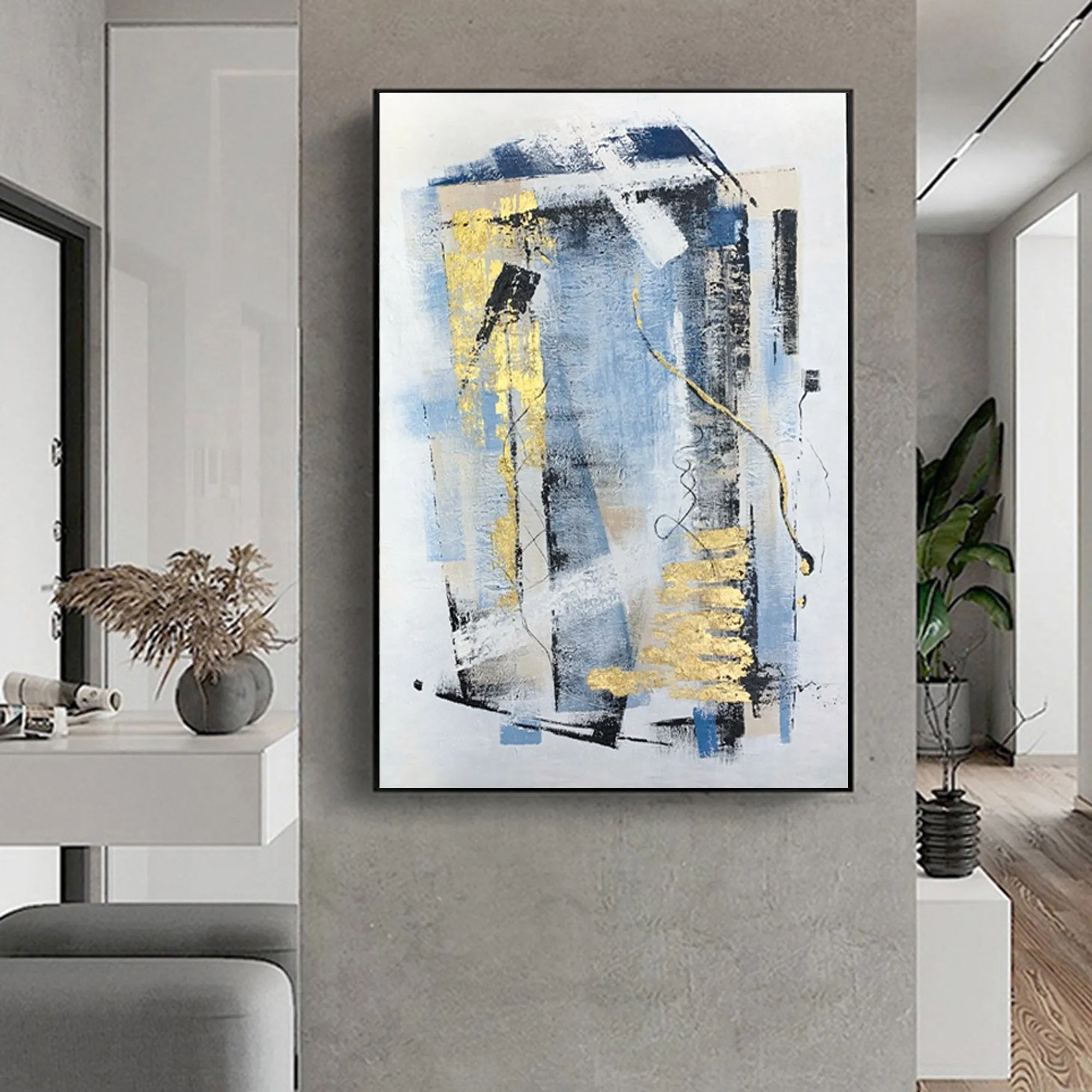Blue Gold Gray Abstract Painting On Canvas Sofa Size Canvas Art Np093