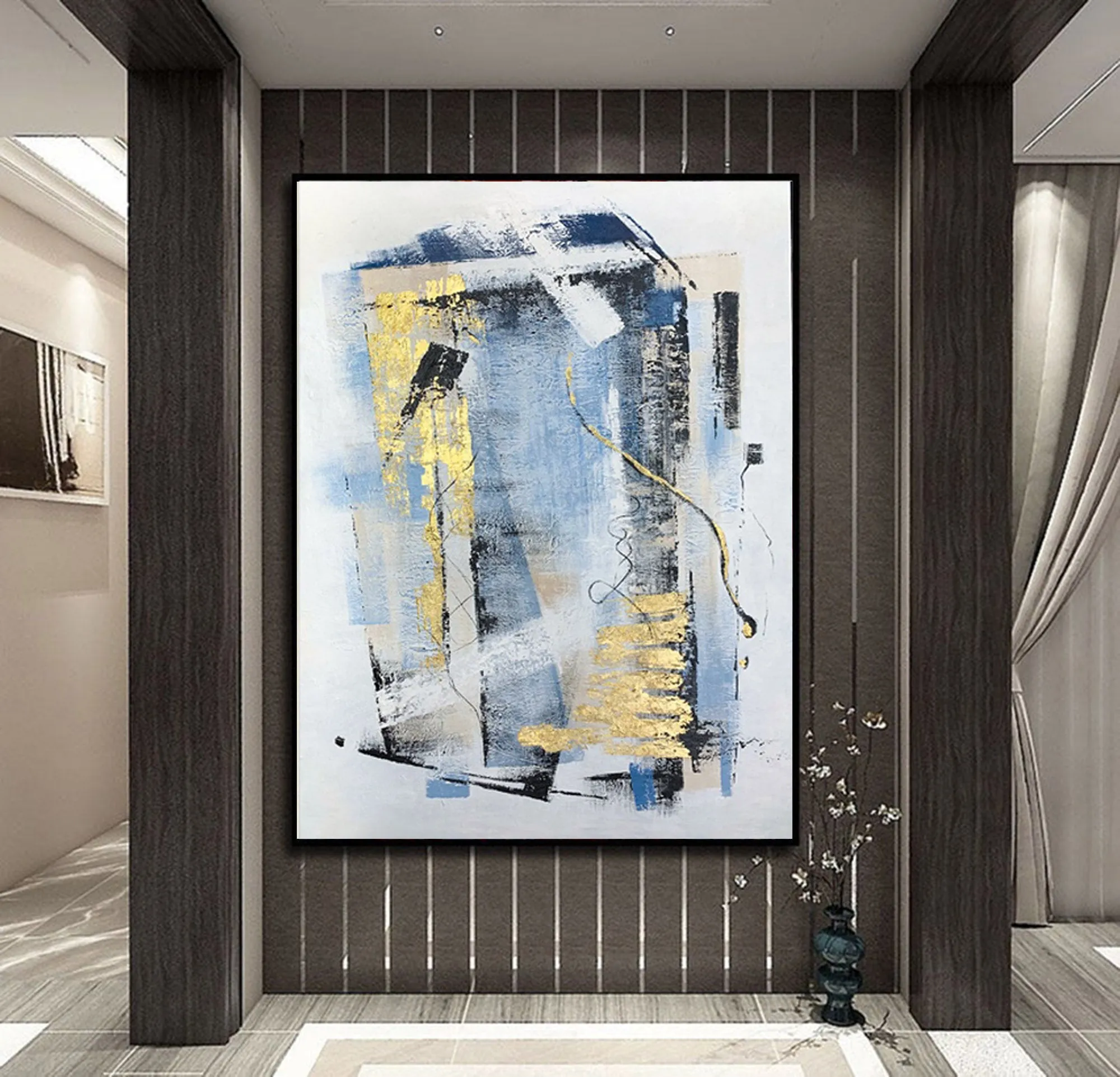 Blue Gold Gray Abstract Painting On Canvas Sofa Size Canvas Art Np093
