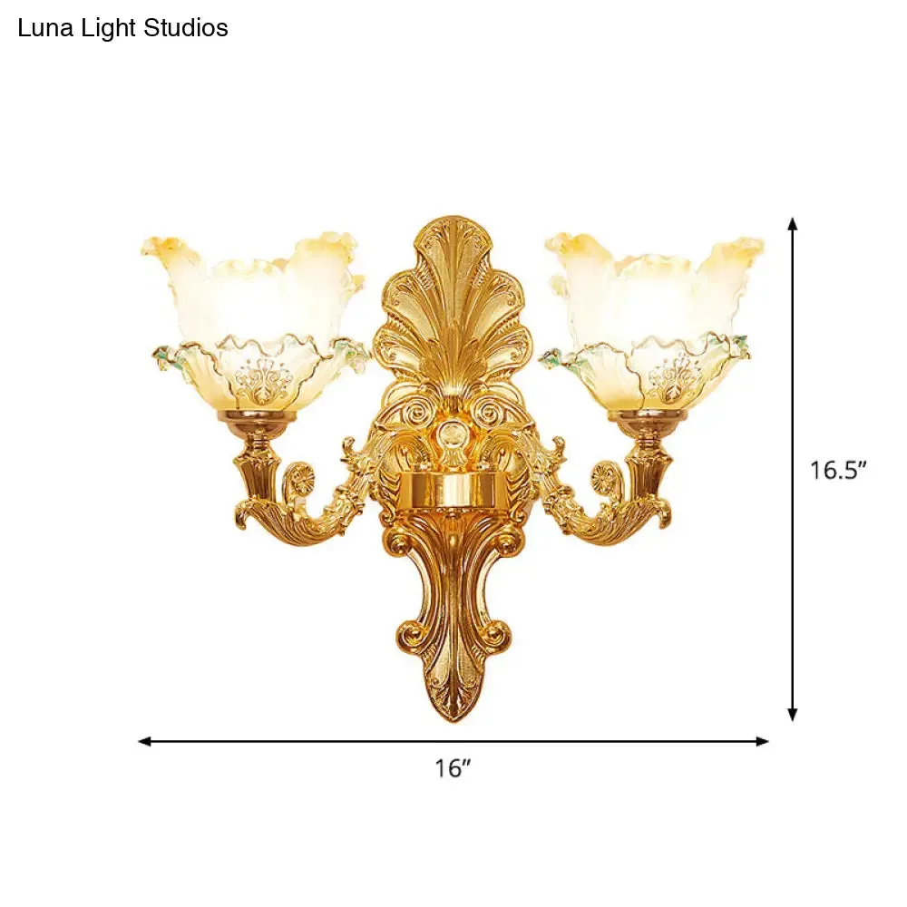 Classic Gold Wall Sconce Light with Ruffle Glass Flower and Curvy Arm