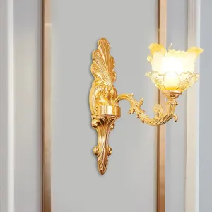 Classic Gold Wall Sconce Light with Ruffle Glass Flower and Curvy Arm