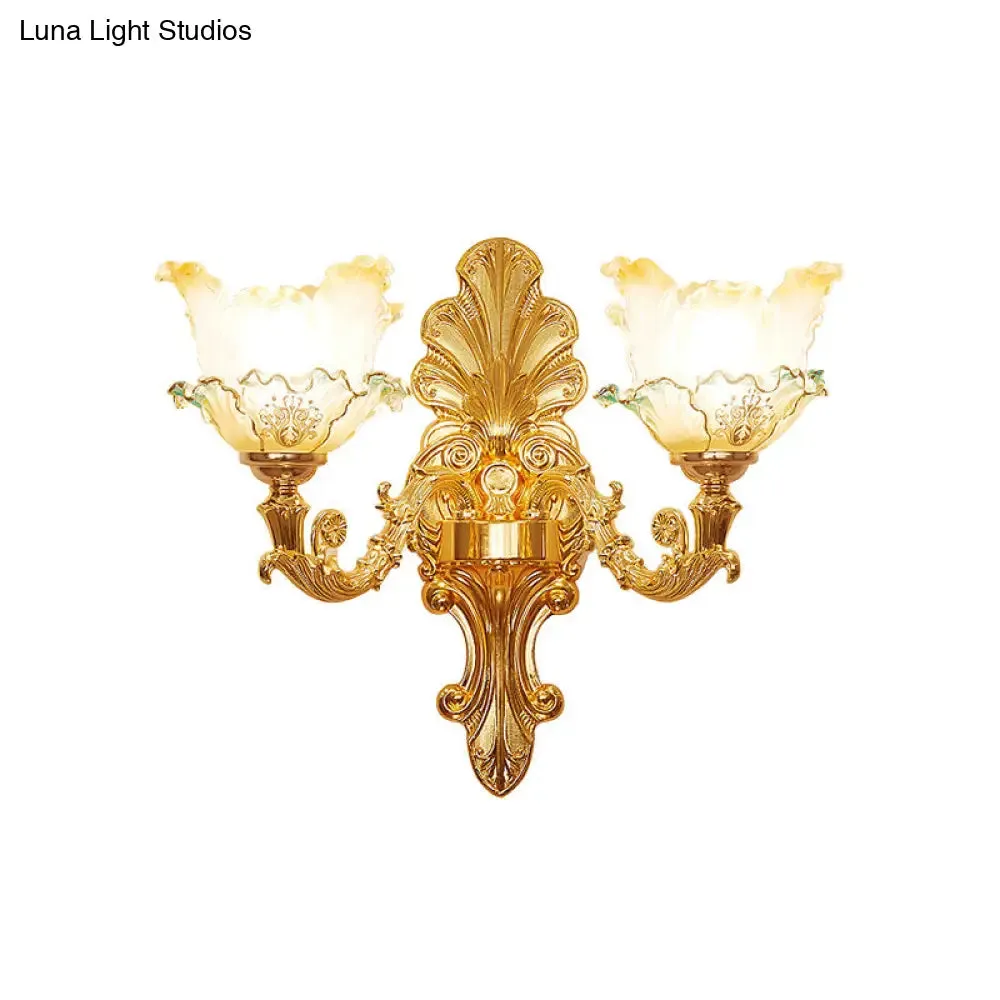 Classic Gold Wall Sconce Light with Ruffle Glass Flower and Curvy Arm