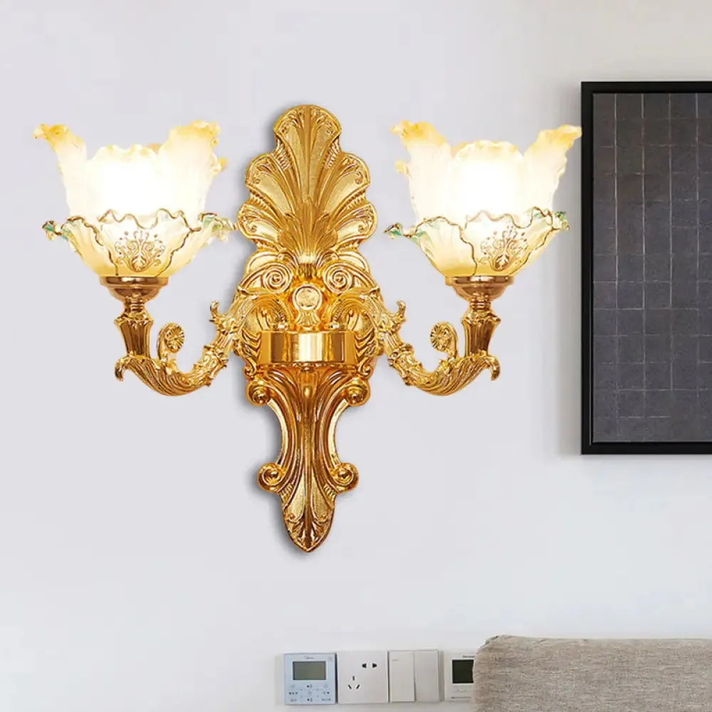 Classic Gold Wall Sconce Light with Ruffle Glass Flower and Curvy Arm
