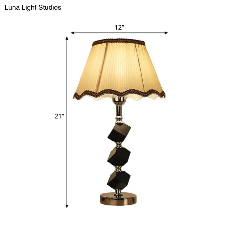 Contemporary Light Brown Scalloped Nightstand Lamp with Crystal Block Detailing