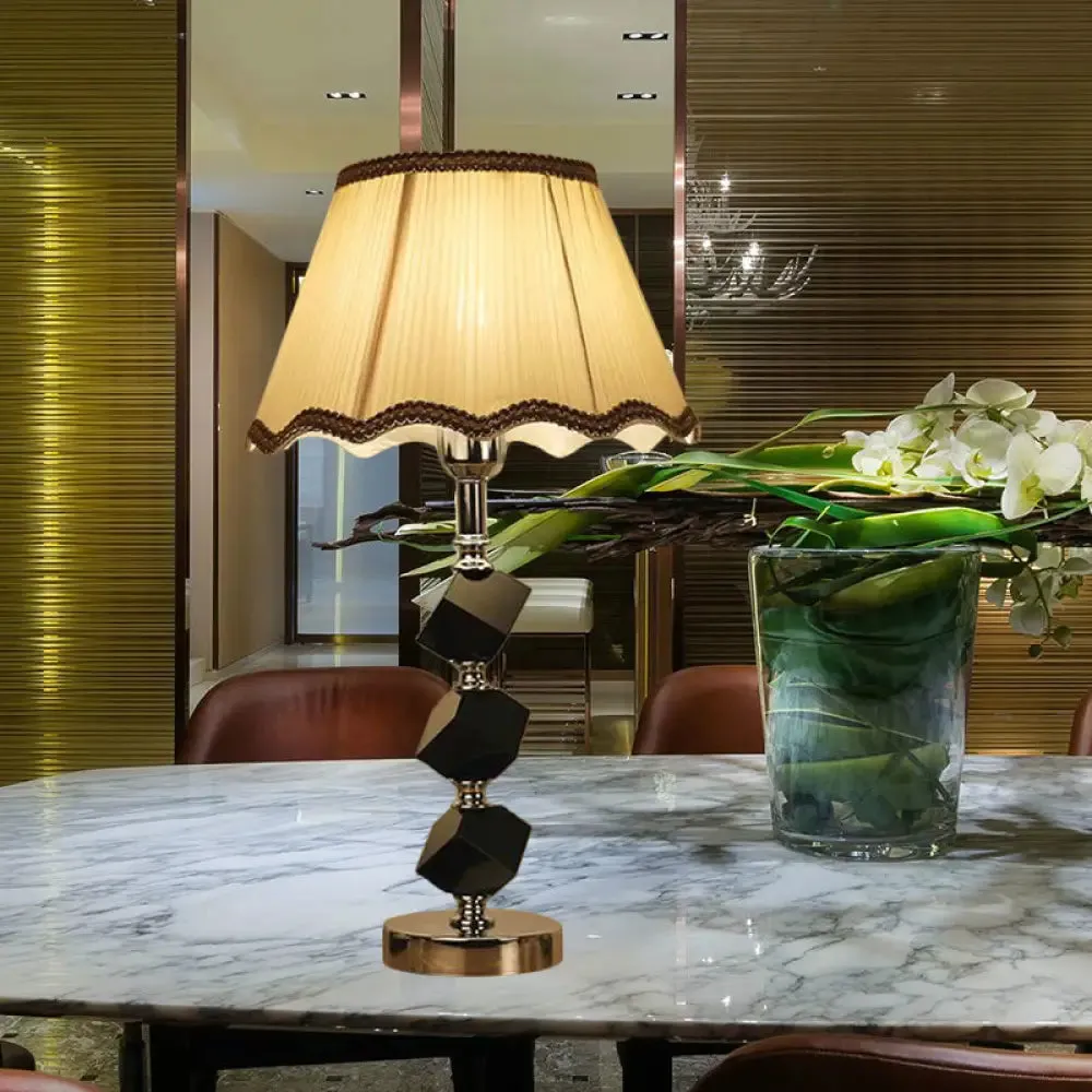 Contemporary Light Brown Scalloped Nightstand Lamp with Crystal Block Detailing