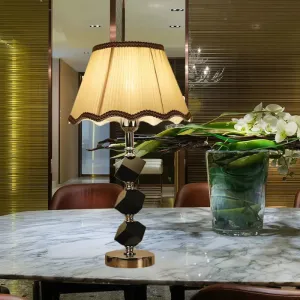 Contemporary Light Brown Scalloped Nightstand Lamp with Crystal Block Detailing