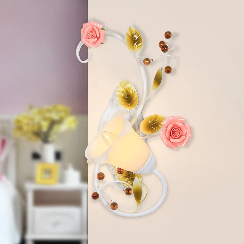 Curved Arm Sconce Light with Metal Rose Design, White - Left/Right for Living Room