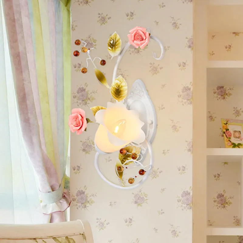 Curved Arm Sconce Light with Metal Rose Design, White - Left/Right for Living Room