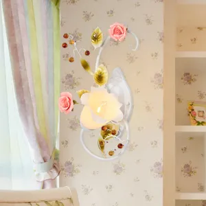 Curved Arm Sconce Light with Metal Rose Design, White - Left/Right for Living Room