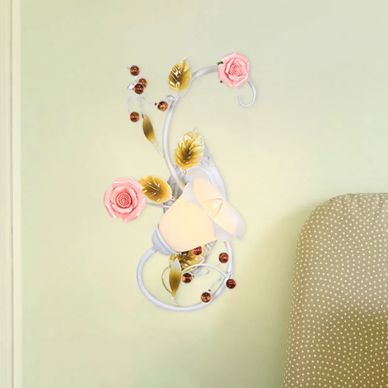 Curved Arm Sconce Light with Metal Rose Design, White - Left/Right for Living Room
