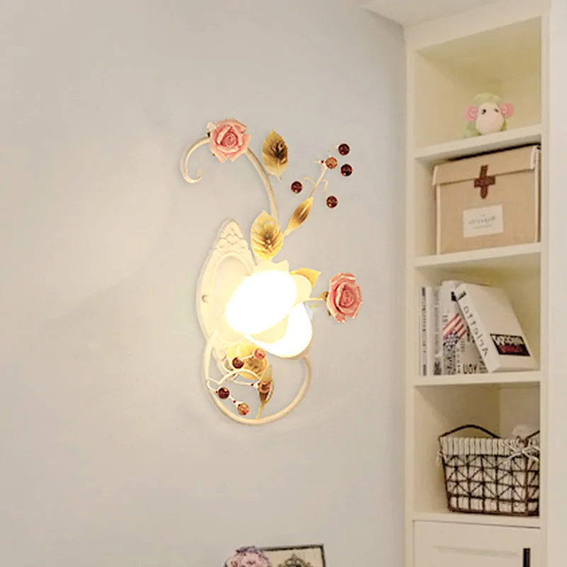 Curved Arm Sconce Light with Metal Rose Design, White - Left/Right for Living Room