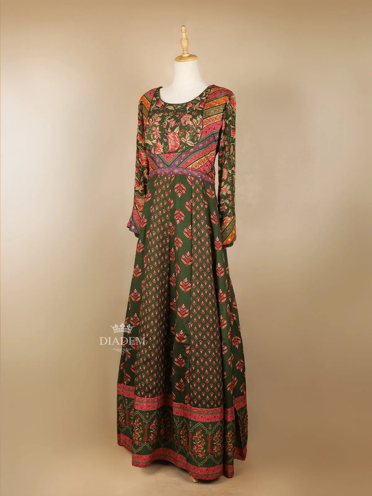 Dark Green Floral Printed Gown and Dupatta
