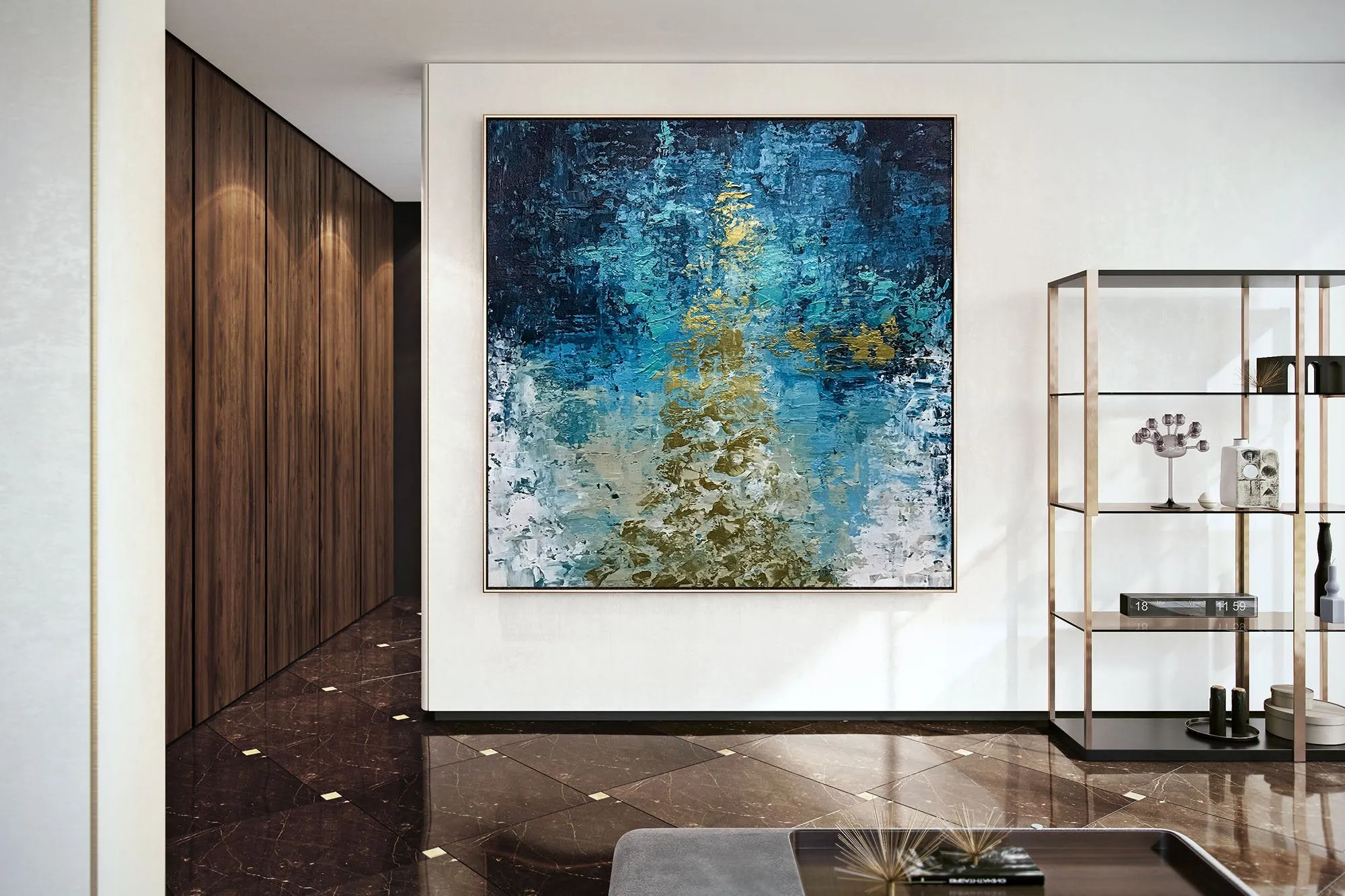 Deep Blue Gold Abstract Paitning Living Room Wall Art Fp087
