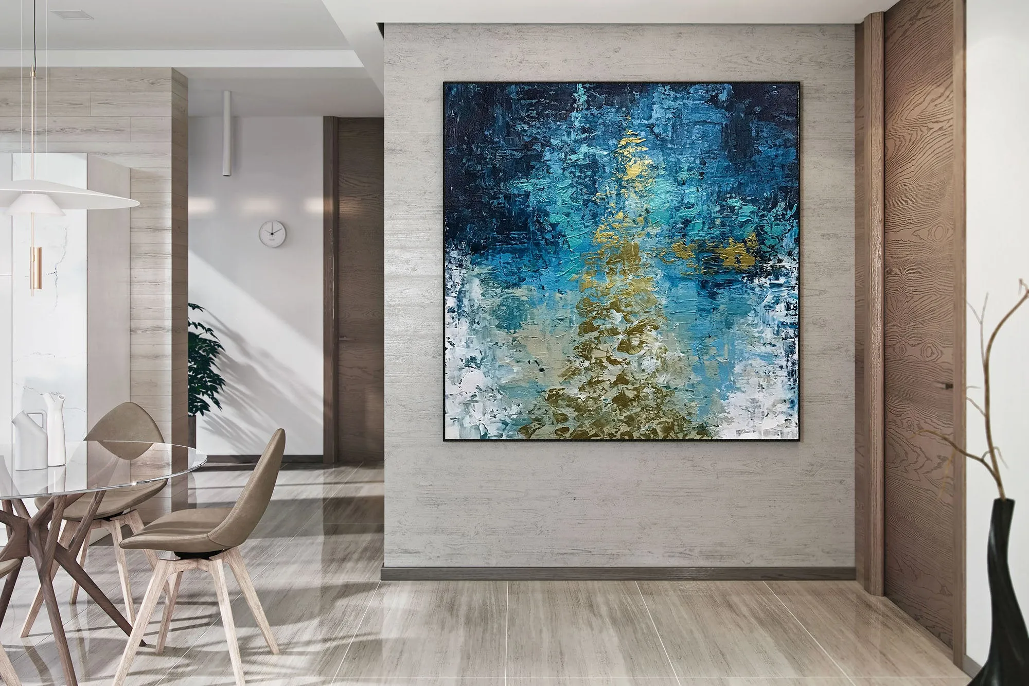 Deep Blue Gold Abstract Paitning Living Room Wall Art Fp087