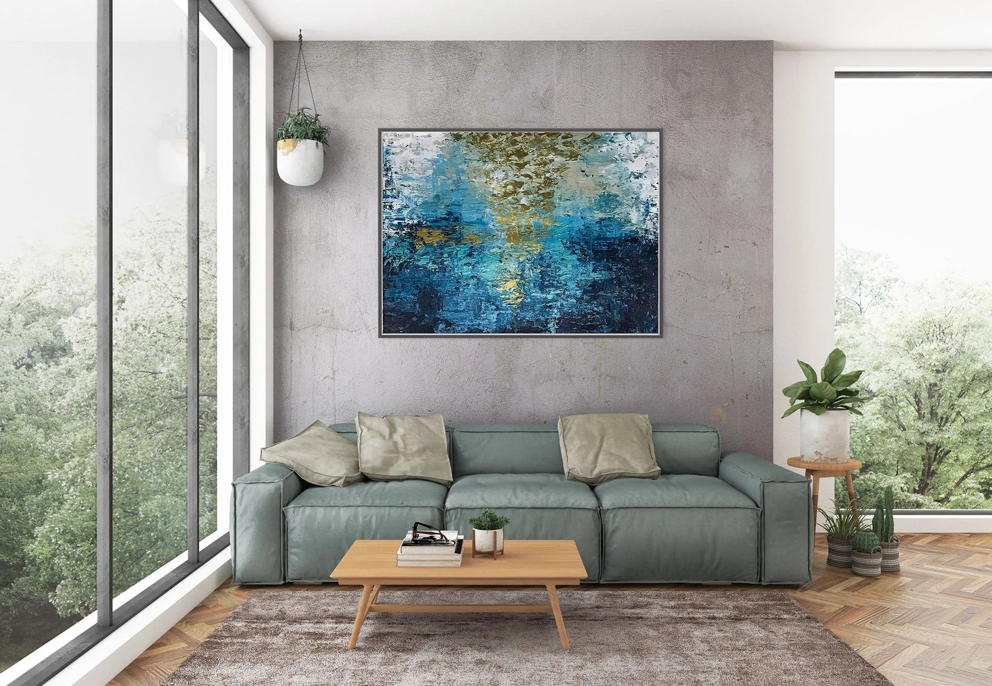 Deep Blue Gold Abstract Paitning Living Room Wall Art Fp087