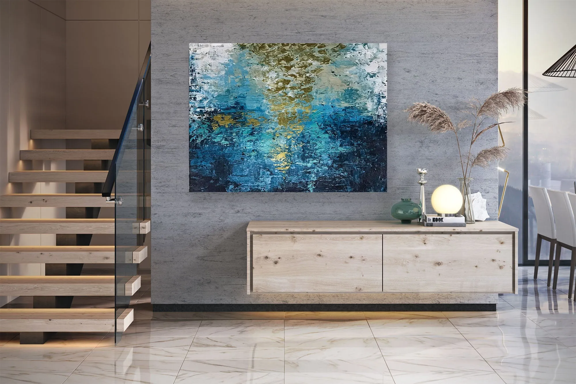 Deep Blue Gold Abstract Paitning Living Room Wall Art Fp087
