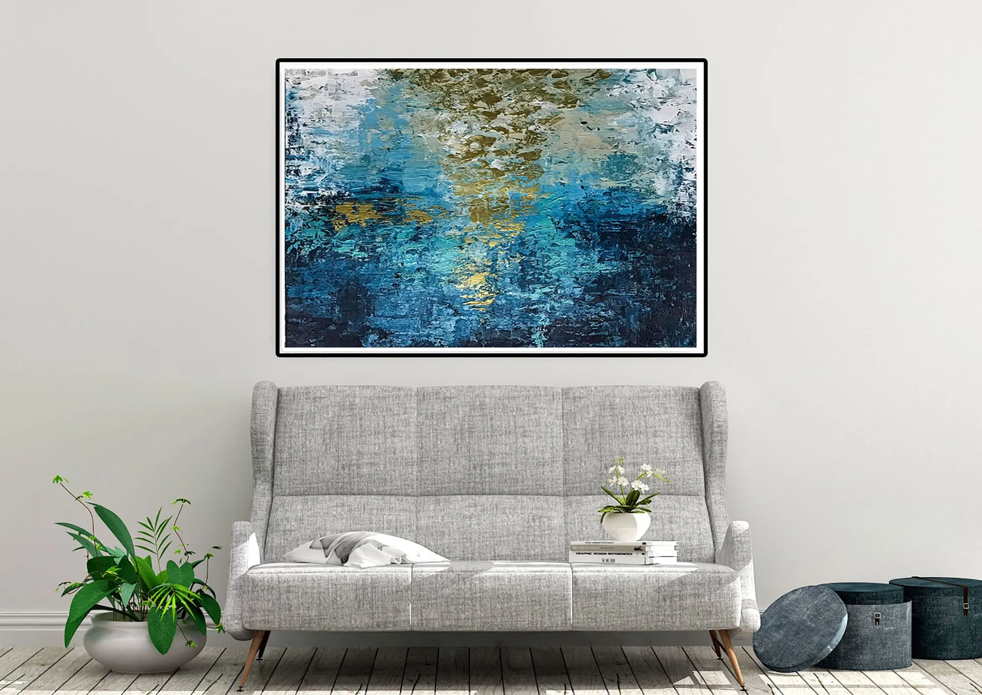 Deep Blue Gold Abstract Paitning Living Room Wall Art Fp087
