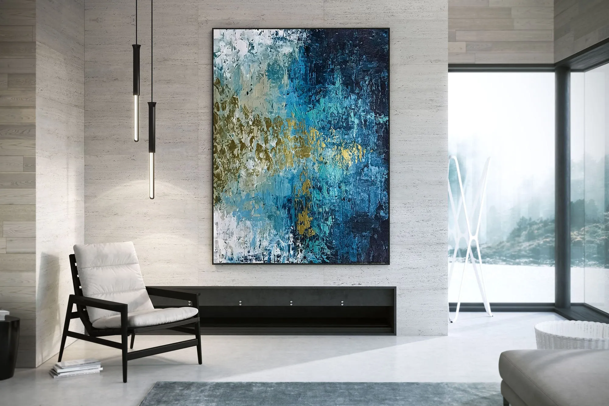 Deep Blue Gold Abstract Paitning Living Room Wall Art Fp087