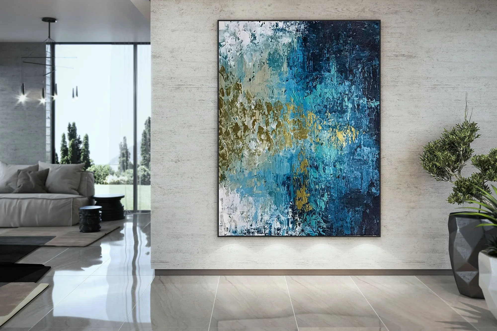 Deep Blue Gold Abstract Paitning Living Room Wall Art Fp087