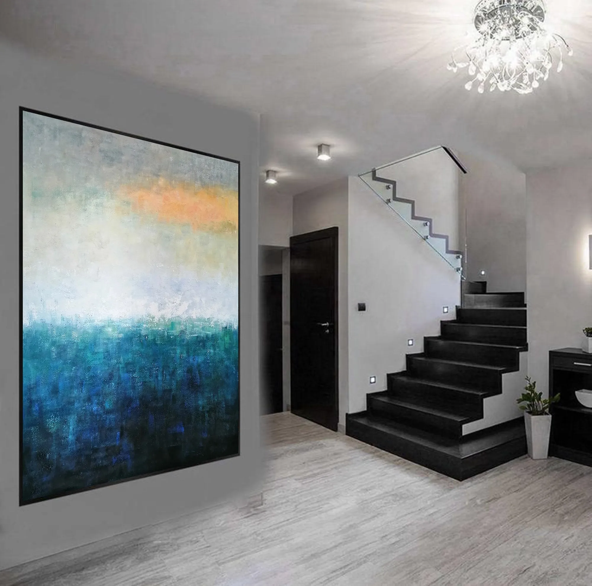 Deep Blue White Yellow Abstract Painting on Canvas Original Yp020