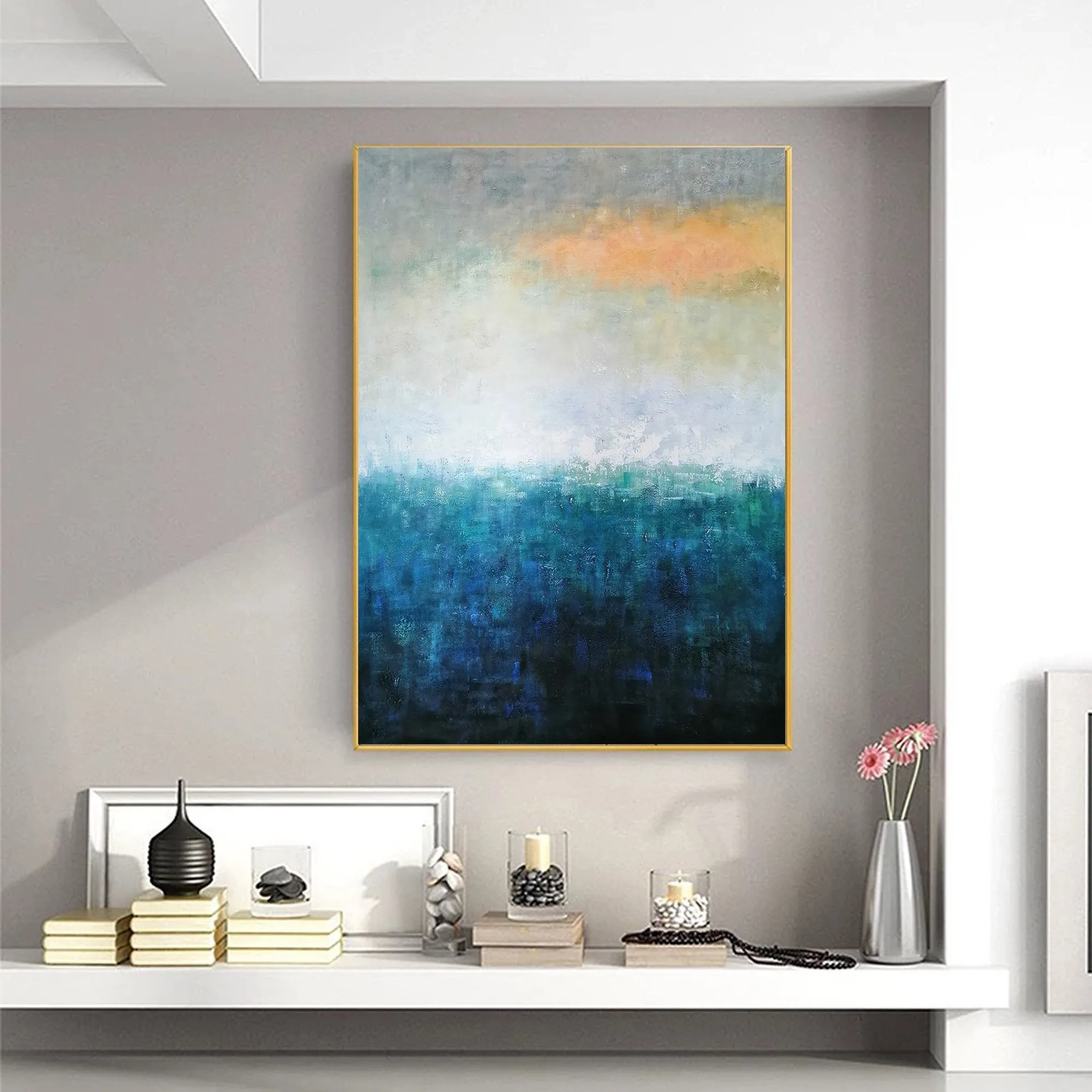 Deep Blue White Yellow Abstract Painting on Canvas Original Yp020