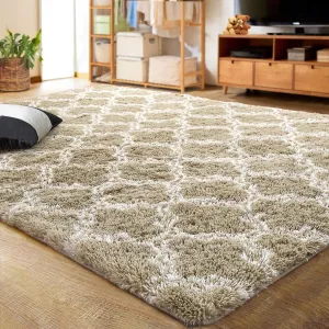 essential Shaggy Soft Rugs Bedroom Living Room Flully Carpet Home Decor Rug,5'x8',Dark Gray/White Tan/White 6' x 9'