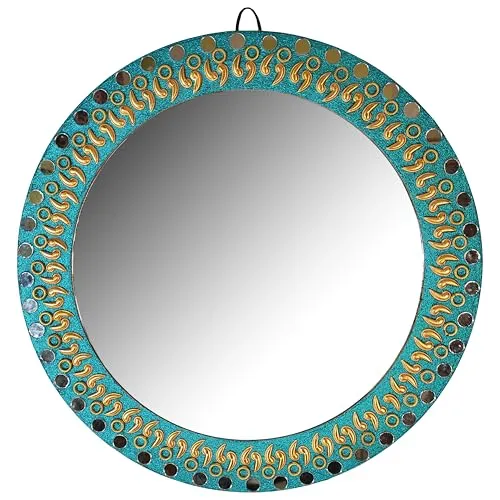Explore India Crafts Round Wall Mirror - Round Mirror, Rustic Accent Mirror for Bathroom, Entry, Dining Room, & Living Room. Metal Round Mirror for Wall (Golden 2, 16" x 16")